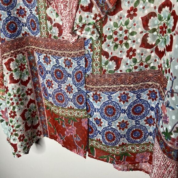 Zara Top Womens XL Patchwork Floral V Neck Ruffle Boho Swiss Dot Chiffon Blouse - Picture 13 of 16